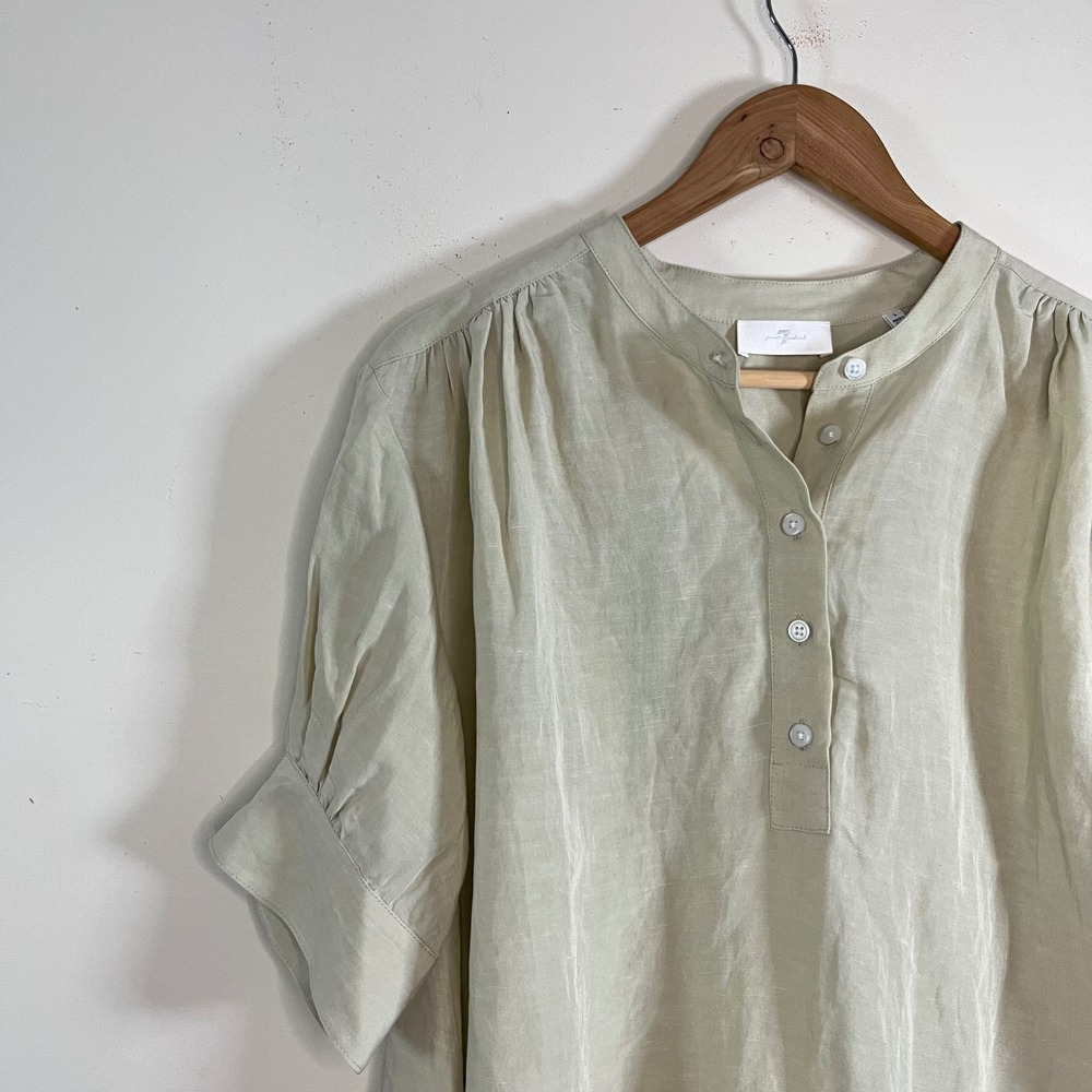 7 For All Mankind Linen Blend Sage Green Blouse Puff Sleeves Prairie Size Large - Picture 4 of 8
